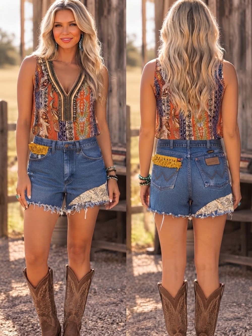 Reworked Vintage Wrangler Denim Shorts Size 27 Lace & Fringe Accent Boho Western